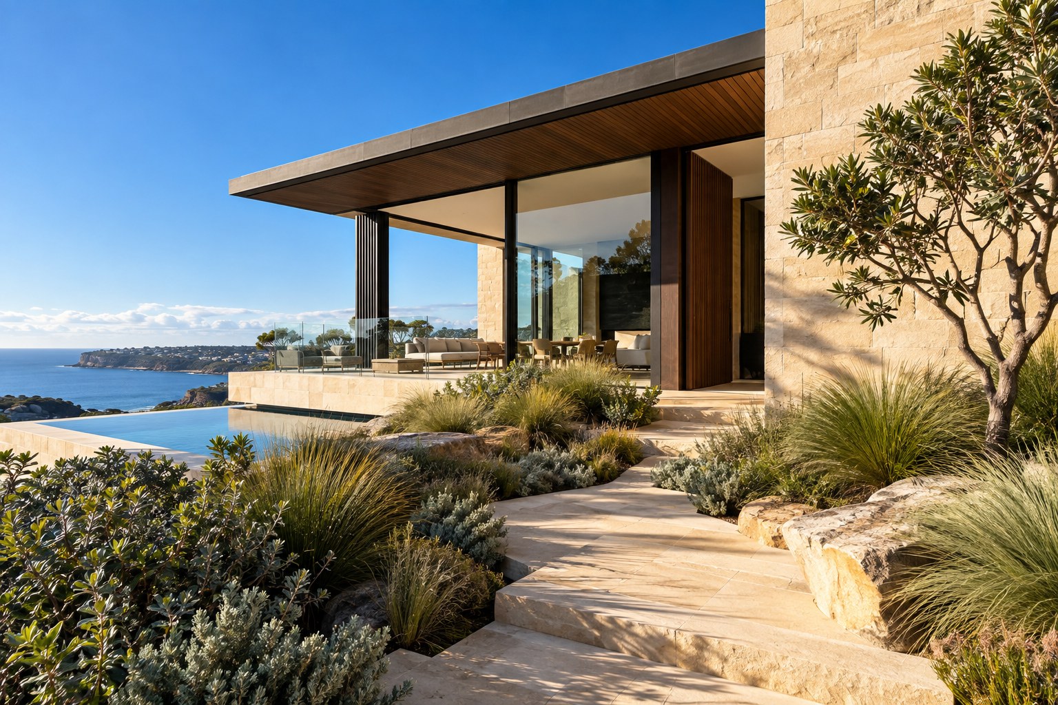 Contemporary Australian home with stone walls, expansive glazing and native landscaping